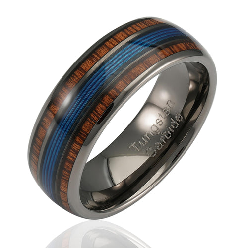 100S JEWELRY Engraved Personalized Gunmetal Blue Fish Line Koa Wood Inlay Tungsten Rings For Men Wedding Promise Band Size 6-16 (Custom Text Engraving 8.5)