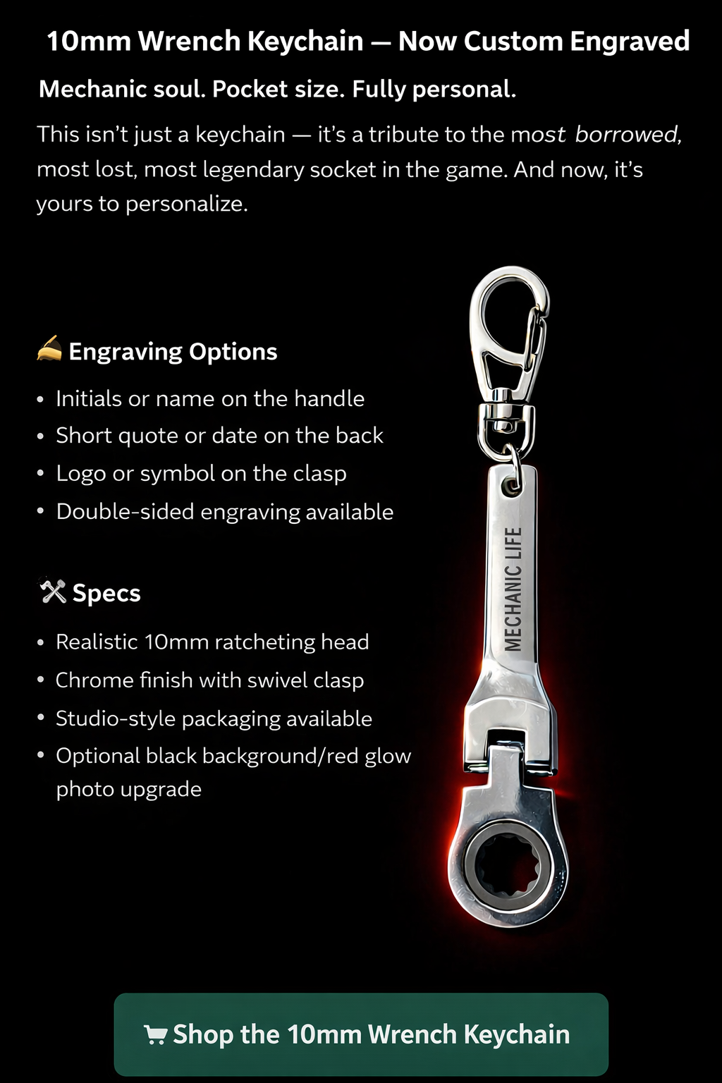Custom Engraved 10mm Wrench Keychain – Mechanic Edition